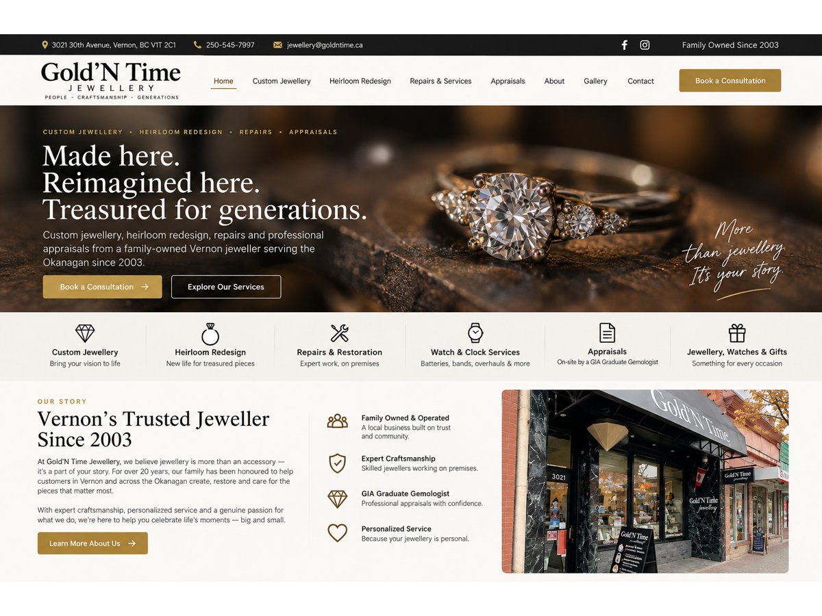 Gold ’N Time Jewellery website homepage showing custom jewellery services, navigation and storefront imagery.